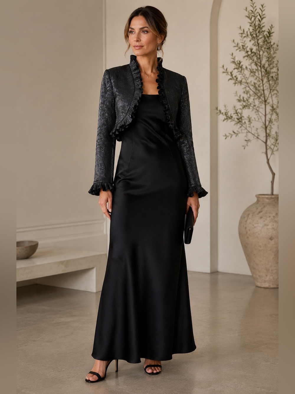 Adrianna Papell Occasions Black Metallic Ruffle Bolero Shrug Jacket